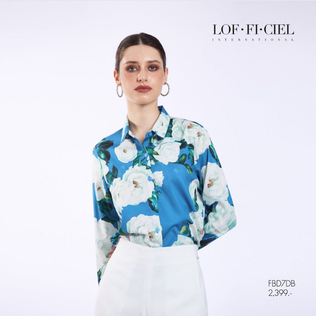 LOF-FI-CIEL Woman's Shirt White Rose เสื้อเชิ้ตผู้หญิง แขนยาว สีน้ำเงินเข้ม FBD7DB