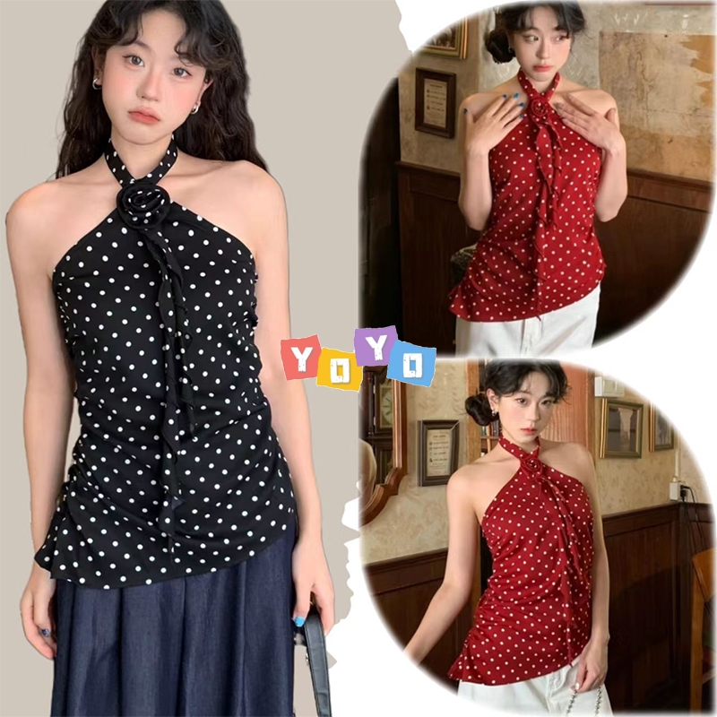 YOYO พร้อมส่ง🌈เสื้อคล้องคอผู้หญิง🌈แต่งดอกไม้ลายโพกาดอท สีแดงสดใส่ เสื้อครอปทรางรัดรูป เรียบหรู เปิดหลัง