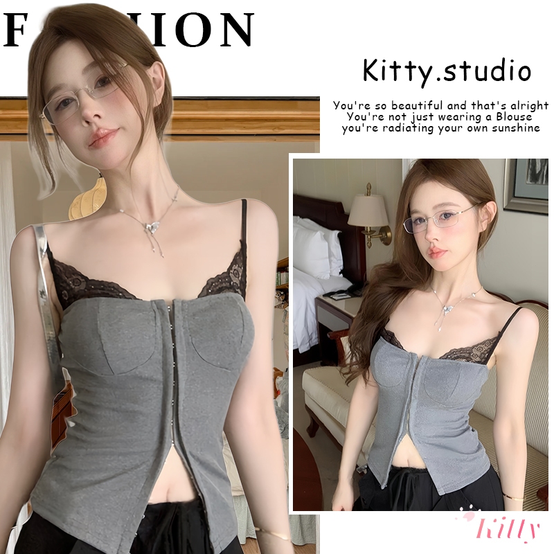 Kitty พร้อมส่ง💋เสื้อกล้าม เสื้อสายเดี่ยวบาง แฟชั่นเซ็กซี่ผู้หญิง เสื้อครอป สาวฮอต สุดเซ็กซี่ ดีเทลลูกไม้ ใส่แล้วดูผอม