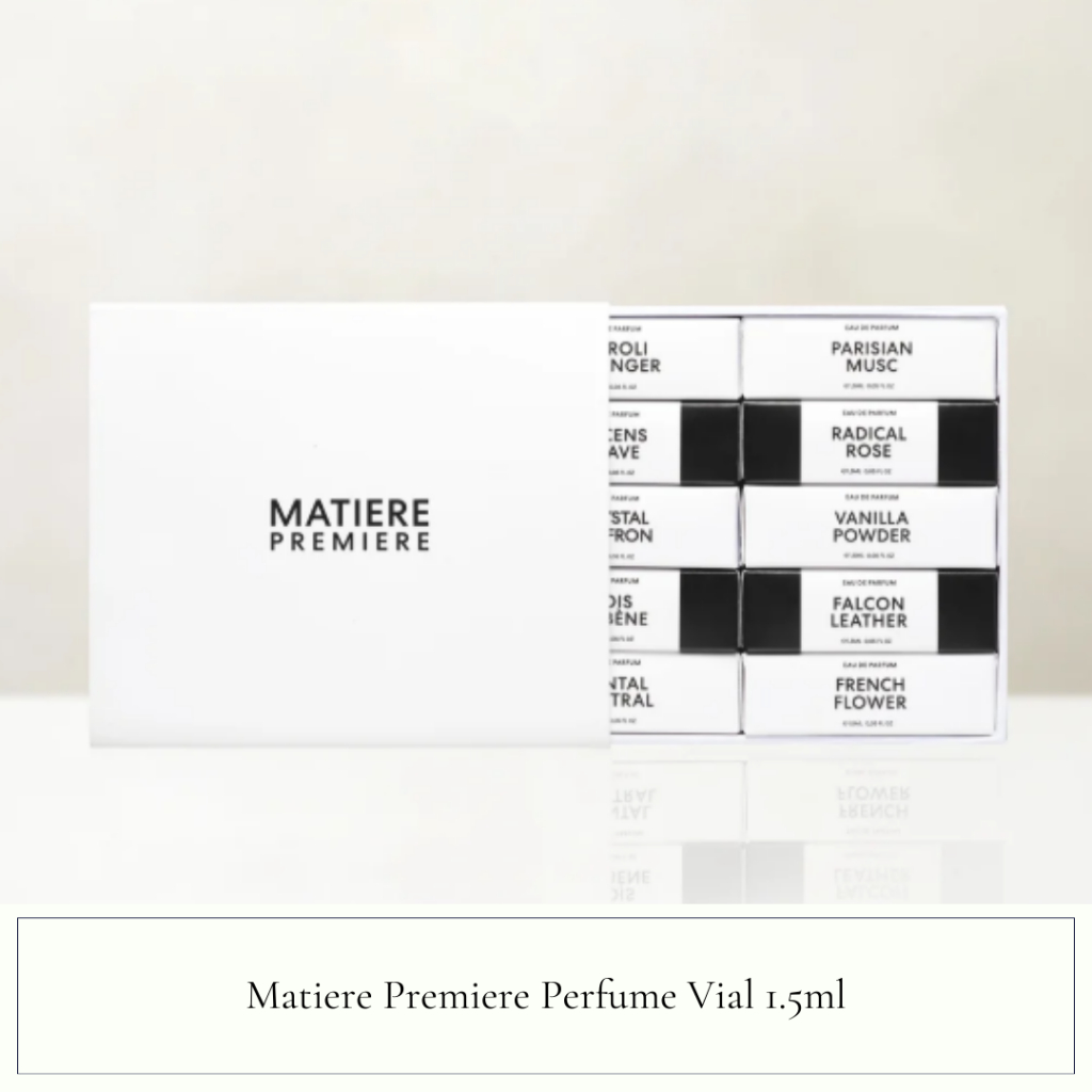 Matiere Premiere  Perfume Vial 1.5ml Vanilla Powder, Crystal Saffron, Santal Austral, Radical Rose