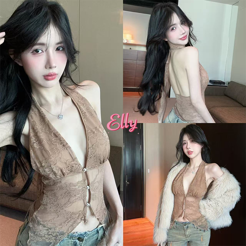 Elly พร้อมส่ง❤️️คอวีลึก เสื้อคล้องคอ❤ทรงครอป ลูกไม้ผูกคอ โชว์หลังเซ็กซี่แซ่บ สีกากี ลำลอง ซีทรูเบาๆ รัดรูป แฟชั่นผู้หญิง