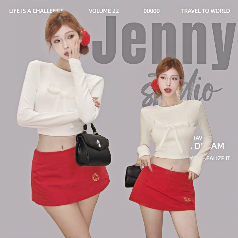 Jenny พร้อมส่ง🍒เสื้อยืดแขนยาวผู้หญิง🎀เสื้อครอปทรงรัดรูปดีเทลโบว์ แขนยาวคอกลม ผ้าเรยอน สุดคิวท์ เสื้อแฟชั่น สไตล์เกาหลี