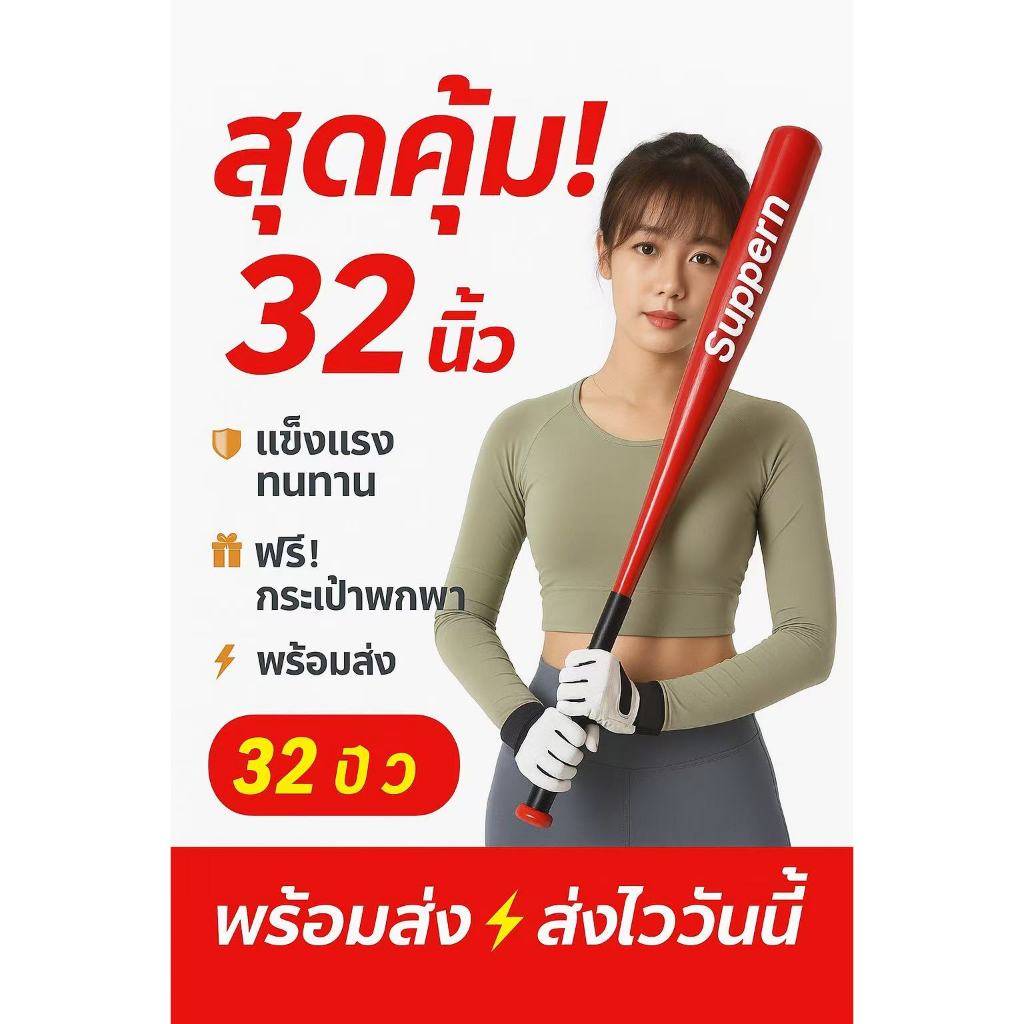 🔥【สุดแรง!】ไม้เบสบอลผสมเหล็ก 32 นิ้ว แข็งแกร่ง+กระเป๋าฟรี! ⚾ ส่งไววันนี้!