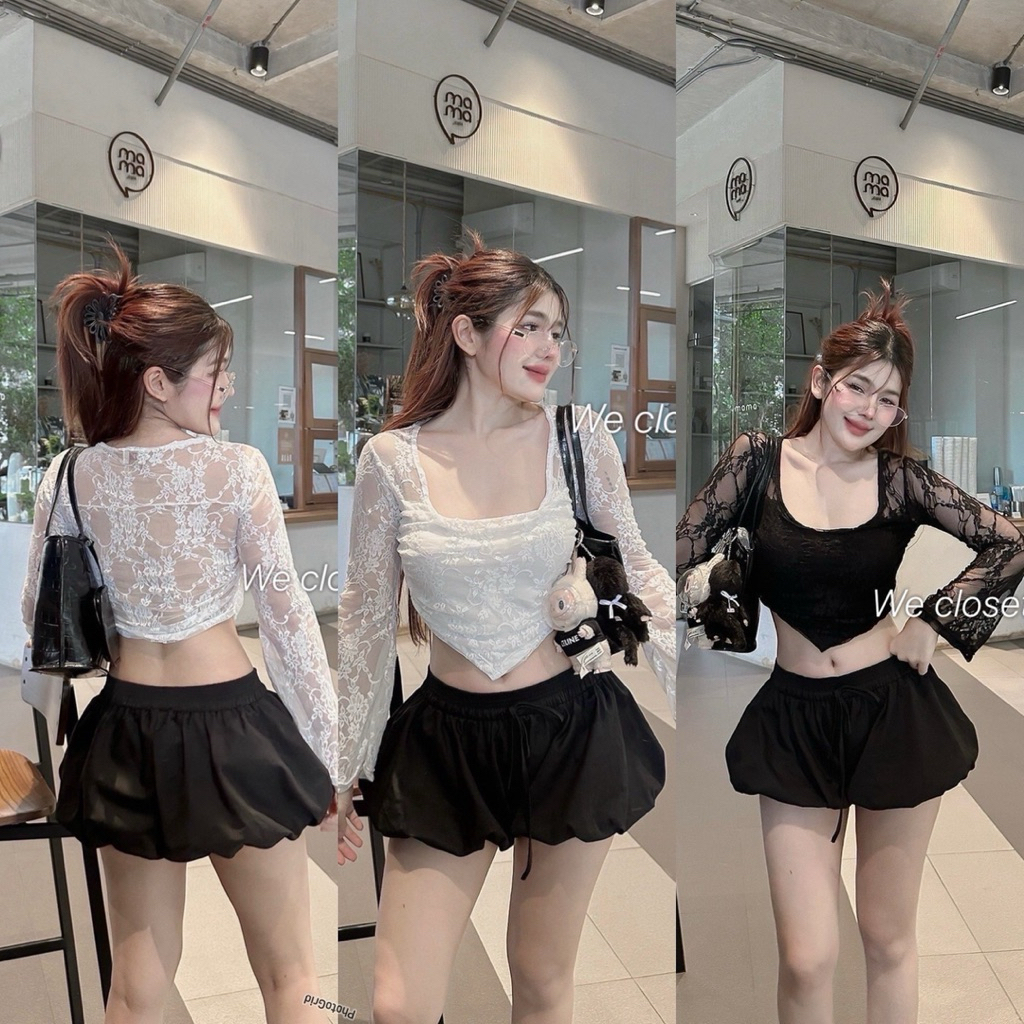 MNV STUDIO เสื้อแขนยาวลูกไม้ แต่งระบายปลายแขน