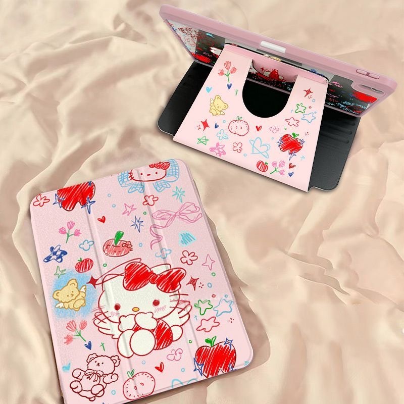 🌼ออกให้ 24 ชม🌼Case iPad Gen9 Gen11 Gen10 ที่ใส่ปากกา Hello Kitty สีแดง เคสi หมุน 360°Air6 Air7 Pro11