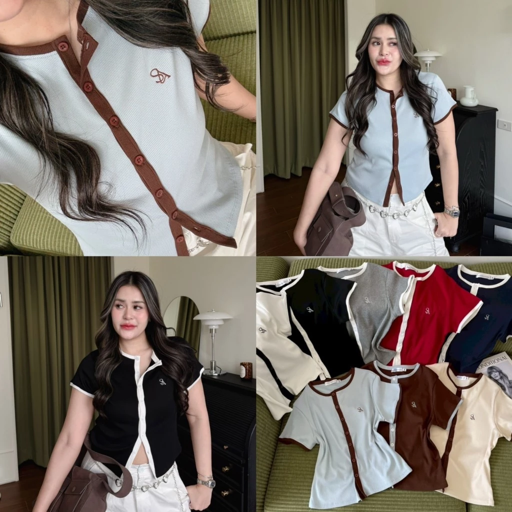 Twotone top เสื้อยืดแต่งกุ้นกระดุมหน้า งานปัก (ผ้าร่อง) มีSize M-L AOMMKOSHOP - S91