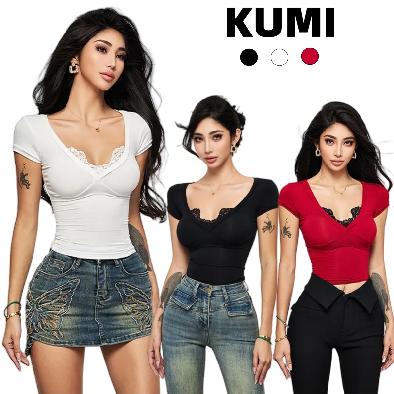 KUMI พร้อมส่ง❣️เสื้อยืดแขนสั้นผู้หญิง เสื้อครอป ใส่แล้วดูผอม ผ้ายืด เซ็กซี่ แฟชั่นสีพื้น คอวี สไตล์เกา ขอบลูกไม้น่ารัก