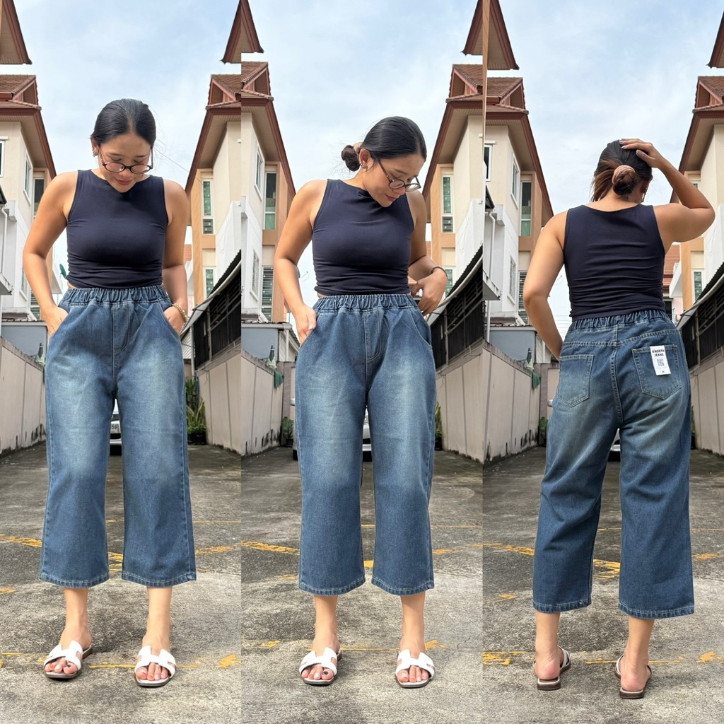 กางเกงยีนขากระบอก 5 ส่วน เอวยางยืด