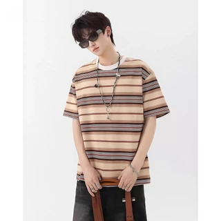 B&R เสื้อยืดแขนสั้น Short Sleeve T-Shirtคอกลม ลายทางแฟชั่น หลวมใส่สบาย ยอดนิยม