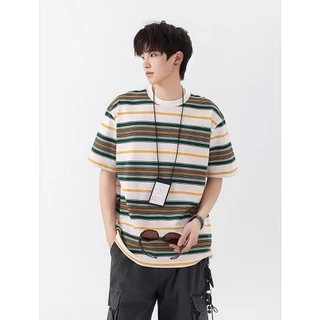 B&R เสื้อยืดแขนสั้น Short Sleeve T-Shirtคอกลม ลายทางแฟชั่น หลวมใส่สบาย ยอดนิยม