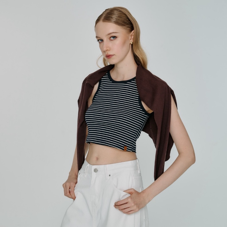 Rib Striped Crop Top with Leather Patch เสื้อกล้ามครอปลายทาง - TPW02600