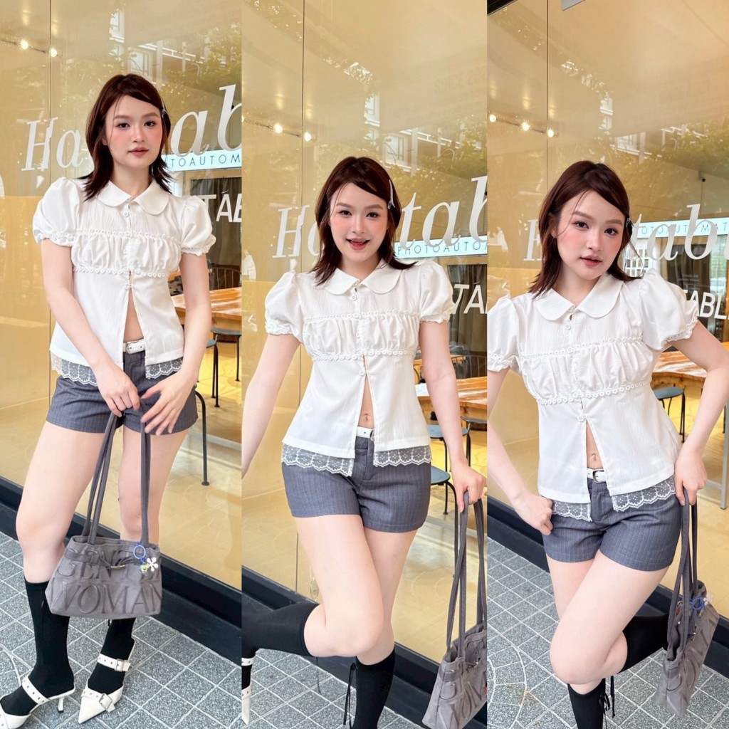 เสื้อคอบัว แต่งลูกไม้ ผ้าไบโอคัดตอน #FF163