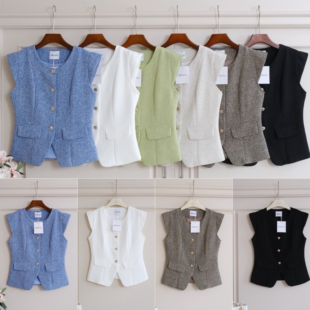 เสื้อผ้าทวีตคัตติ้งเนี้ยบ ดีเทลไหล่ล้ำ แต่งกระดุมทองลุคหรู งานตัดเย็บพรีเมียมมีซับใน