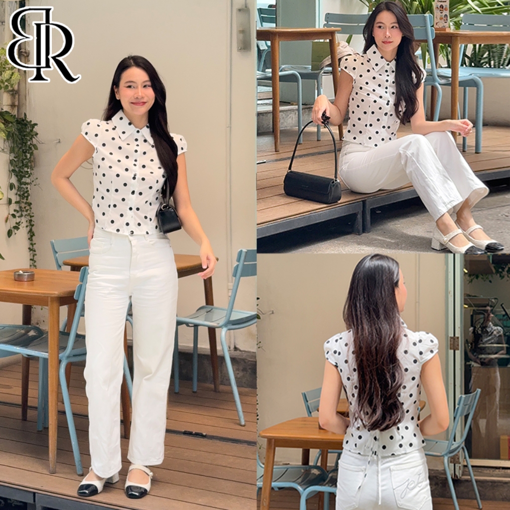B&R พร้อมส่ง เสื้อเชิ้ตผู้หญิง เสื้อลายจุดผู้หญิง ดีไซน์น่ารักแขนสั้น สายรัดหลัง สีขาวทรงสลิมฟิต ขนาด S-2XL