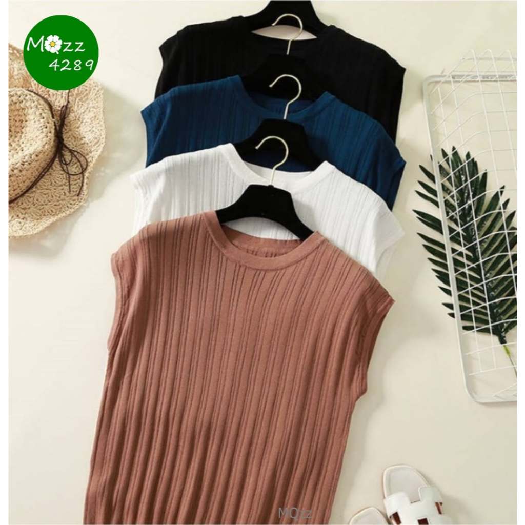 MQzz4289 *พร้อมส่ง* เสื้อยืดคอกลมแขนสั้น แขนกุด ผ้าไหมพรม  ลายทาง ผ้ายืดได้เยอะ  Free Size