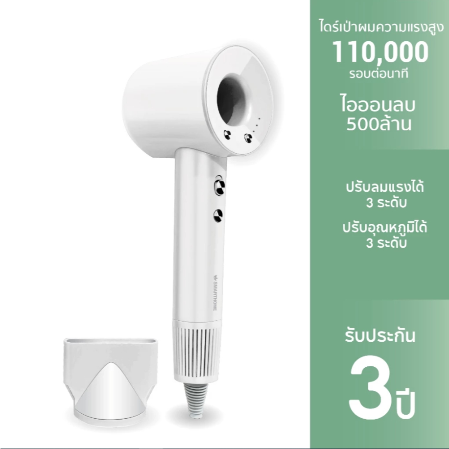 SMARTHOME Hair Dryer 1600 วัตต์ ไดร์เป่าผม ไดร์เป่าผมความแรงสูง มีไอออนลบ ลดผมชี้ฟู แห้งเร็ว รุ่น SH