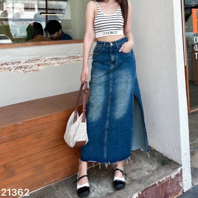 JSARA กระโปรงยีนส์ยาว ผ่าข้าง ผ้าไม่ยืด Office Hour Size S-3XL รหัส 21362