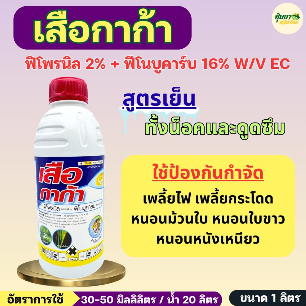 ฟิโพรนิล+ฟิโนบูคาร์บ (เสือกาก้า) 1 ลิตร สูตรเย็น น็อคและดูดซึม กำจัดเพลี้ยไฟ เพลี้ยไก่แจ้ แมลงปากดูด