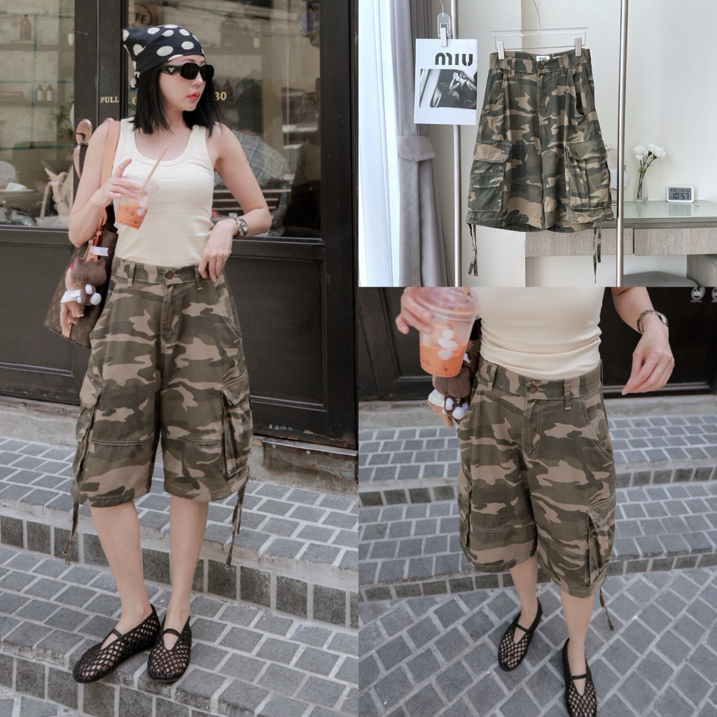 (พร้อมส่ง) Vintage camo cargo shorts กางเกงผ้ายีนส์บางลายทหารรุ่น 61821 TAG FSY