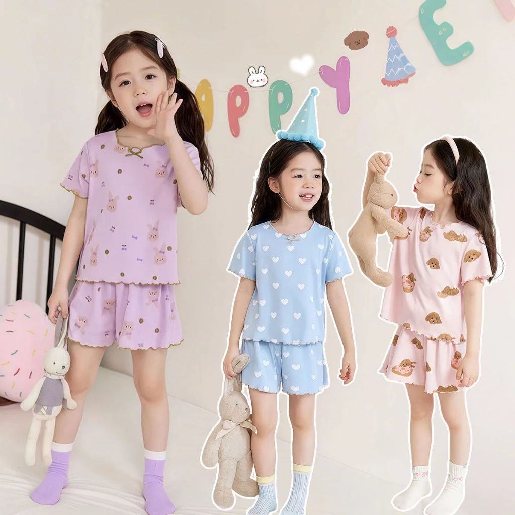 Beryl kids🌸ชุดนอนเด็ก🎀ชุดเด็กผู้หญิง แขนสั้น+กางเกงขาสั้น ฤดูร้อน ลำลอง นุ่ม สบาย ผ้าใส่เย็นสบาย แฟชั่นสไตล์เกาหลีสุดน่า