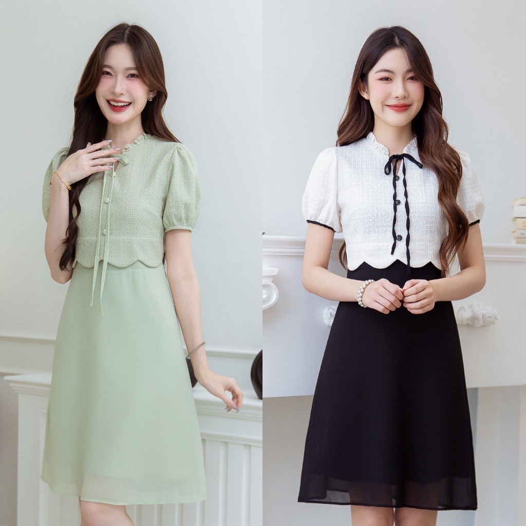 เดรสลูกไม้กระโปรงชีฟอง สวยเรียบดูดี แนะนำเลยค่ะ เป็นเดรสเสื้อลูกไม้ตัดต่อกระโปรงชีฟองสวยพริ้ว มีดีเทลเป็นเสื้อครอป