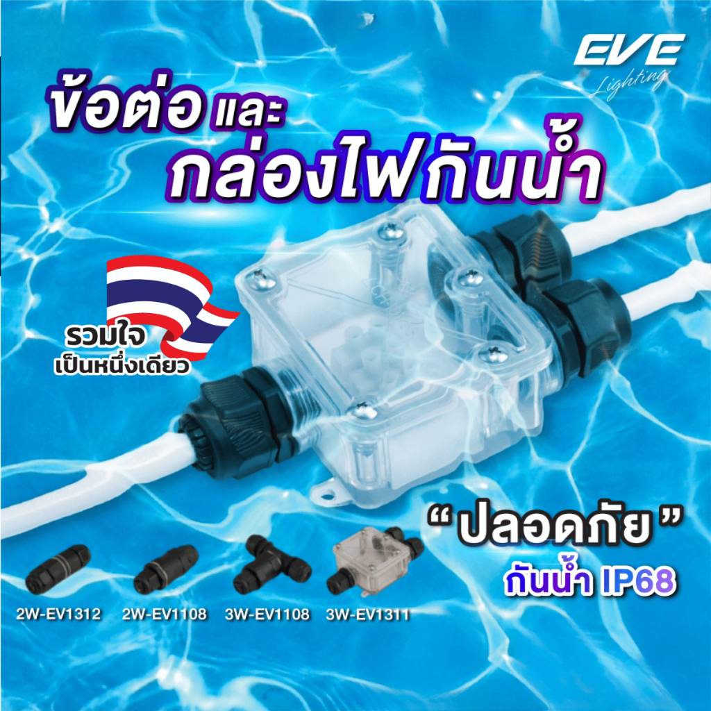 EVE กล่องต่อไฟกันน้ำ และ ข้อต่อสายไฟกันน้ำ มาตรฐาน IP68 กันน้ำกันฝน แบบกล่องไฟสา