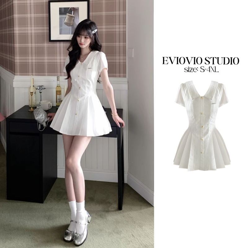 【EVIOVIO】 S-4XL ชุดเซ็ต เดรสสั้น + กางเกง คอปกสไตล์เกาหลี ทรงเข้ารูป กระโปรงพลีทบานสวย