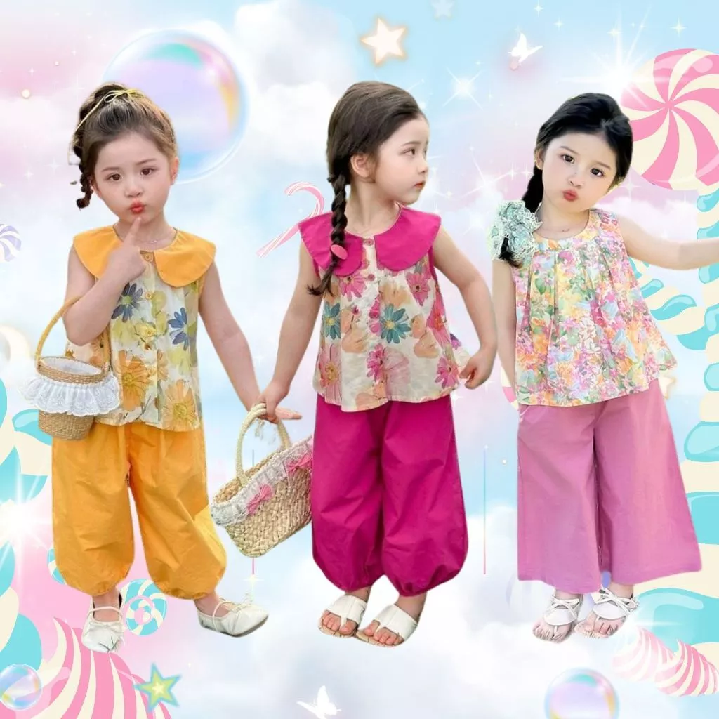 MooDeng Baby 2ชิ้น เสื้อ กางเกง คอตุ๊กตา แฟชั่นเด็ก ฤดูร้อน เสื้อกั๊ก เสื้อแขนกุด เด็กผู้หญิง