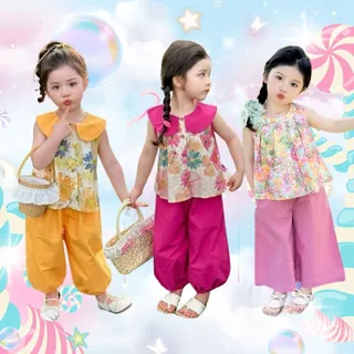 MooDeng Baby 2ชิ้น เสื้อ กางเกง คอตุ๊กตา แฟชั่นเด็ก ฤดูร้อน เสื้อกั๊ก เสื้อแขนกุด เด็กผู้หญิง