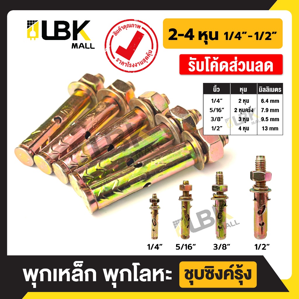 พุกเหล็ก พุกคอนกรีต ขนาด 1/4" 5/16" 3/8" 1/2" นิ้ว ชุบซิงค์รุ้ง แข็งแรง พุกขยาย พุกเจาะผนังปูน งานช่าง ราคาส่ง
