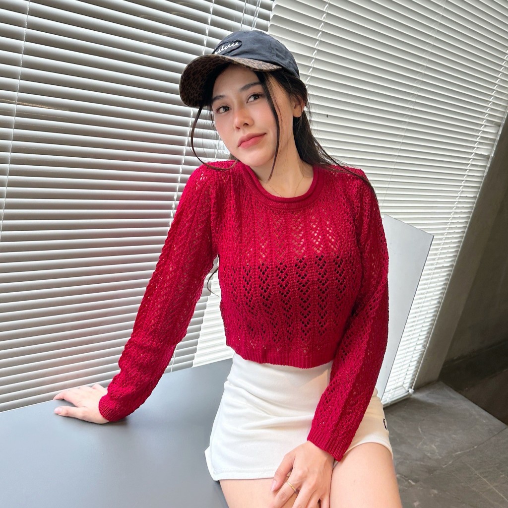 🌈MesubShop🌈เสื้อแขนยาว เนื้อผ้าไหมพรมทอลายฉลุ ผ้ายืดตามตัว สาวอวบใส่ได้ ชายแขนจั๊ม พร้อมส่ง รุ่น เครื่องฟอก