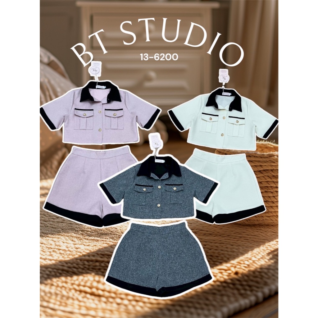 BT 13-6200 ชุดเซท 2 ชิ้นดีเทลเสื้อคอปกแขนสั้นกระดุมหน้ากระเป๋า มาพร้อมกางเกงขาสั้นแต่งตัดขอบชาย
