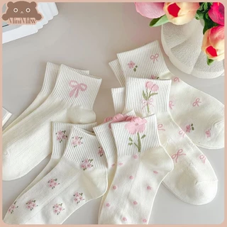 [พร้อมส่ง] ถุงเท้าหุ้มข้อดอกไม้โบว์ มี 5 ลาย น่ารักสไตล์ญี่ปุ่น ผ้าฝ้ายยืดหยุ่นใส่สบาย ใส่ได้หลายลุค : MiniMilwʕ•ᴥ•ʔ