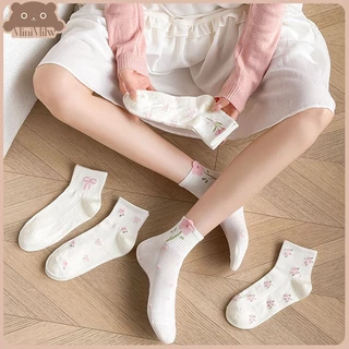 [พร้อมส่ง] ถุงเท้าหุ้มข้อดอกไม้โบว์ มี 5 ลาย น่ารักสไตล์ญี่ปุ่น ผ้าฝ้ายยืดหยุ่นใส่สบาย ใส่ได้หลายลุค : MiniMilwʕ•ᴥ•ʔ