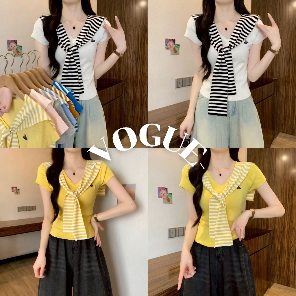 Vogue🌟พร้อมส่ง🌟 เสื้อยืดครอป แขนสั้น ผ้าไหมพรม แถมผ้าผูกไหล่ลายทาง (1CX98)