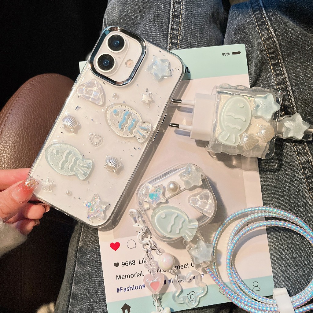 เคสลายปลาดาว ครบเซ็ท 3ชุด สำหรับ iphone11-16promax เคสAirpods2/3/4/pro ชุดถนอมสายชาร์จ for iphone18w/20w/35w