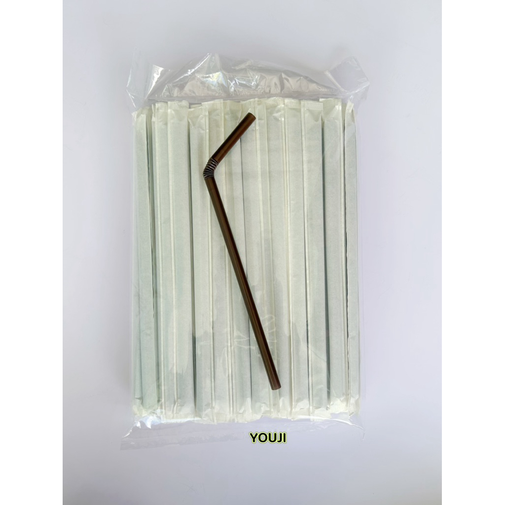 หลอดงอ 8 มิล (หลอดสีน้ำตาล) แพ็คซองกระดาษ 70 ชิ้น / 1ห่อ Flexible Straw 70 pcs