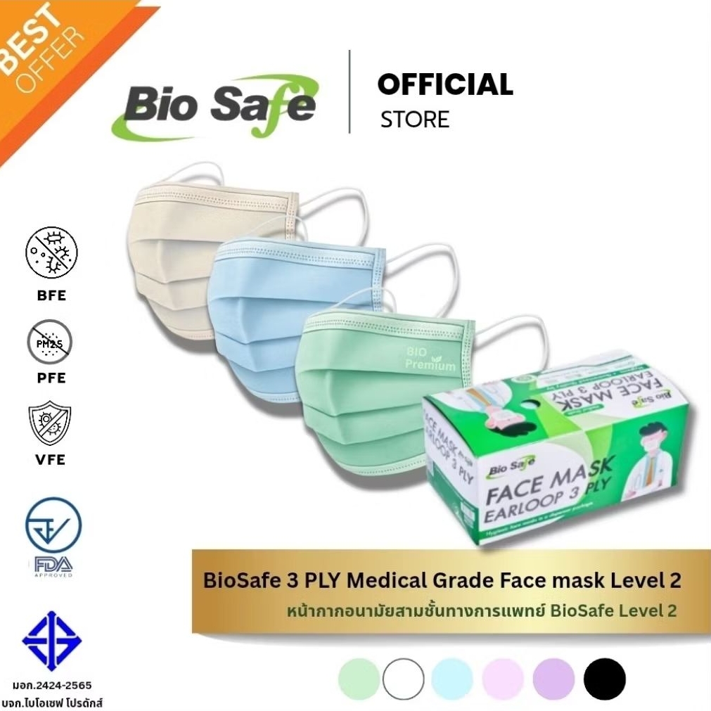 หน้ากากอนามัย BioSafe Level 2 กรอง PM2.5 99% หายใจสะดวก มาตรฐานทางการแพทย์