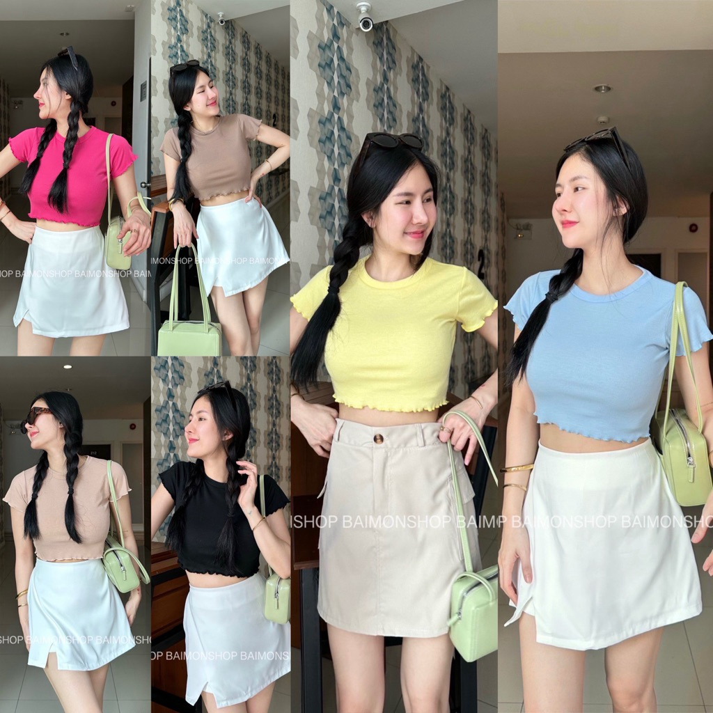 เสื้อครอปแขนหยัก ผ้ายืดใส่สบาย🖤