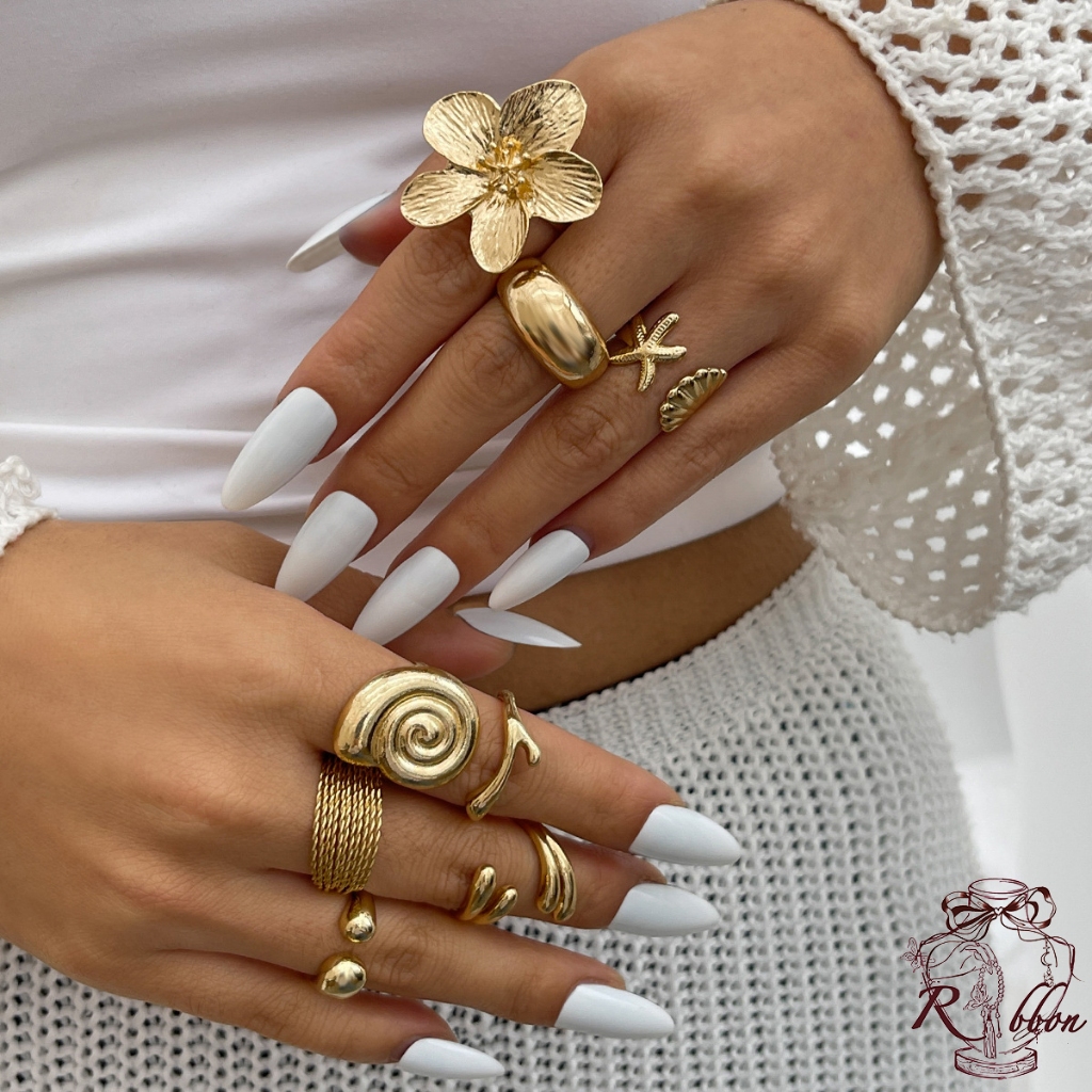 RibbonIsland🫧แหวน ห่วง ins สแตนเลส เครื่องประดับมุก โบฮีเมียน ลายดอกไม้ รูปดาว คุณภาพสูง ย้อนยุค เสริมดวง ใส่ไปทะเล