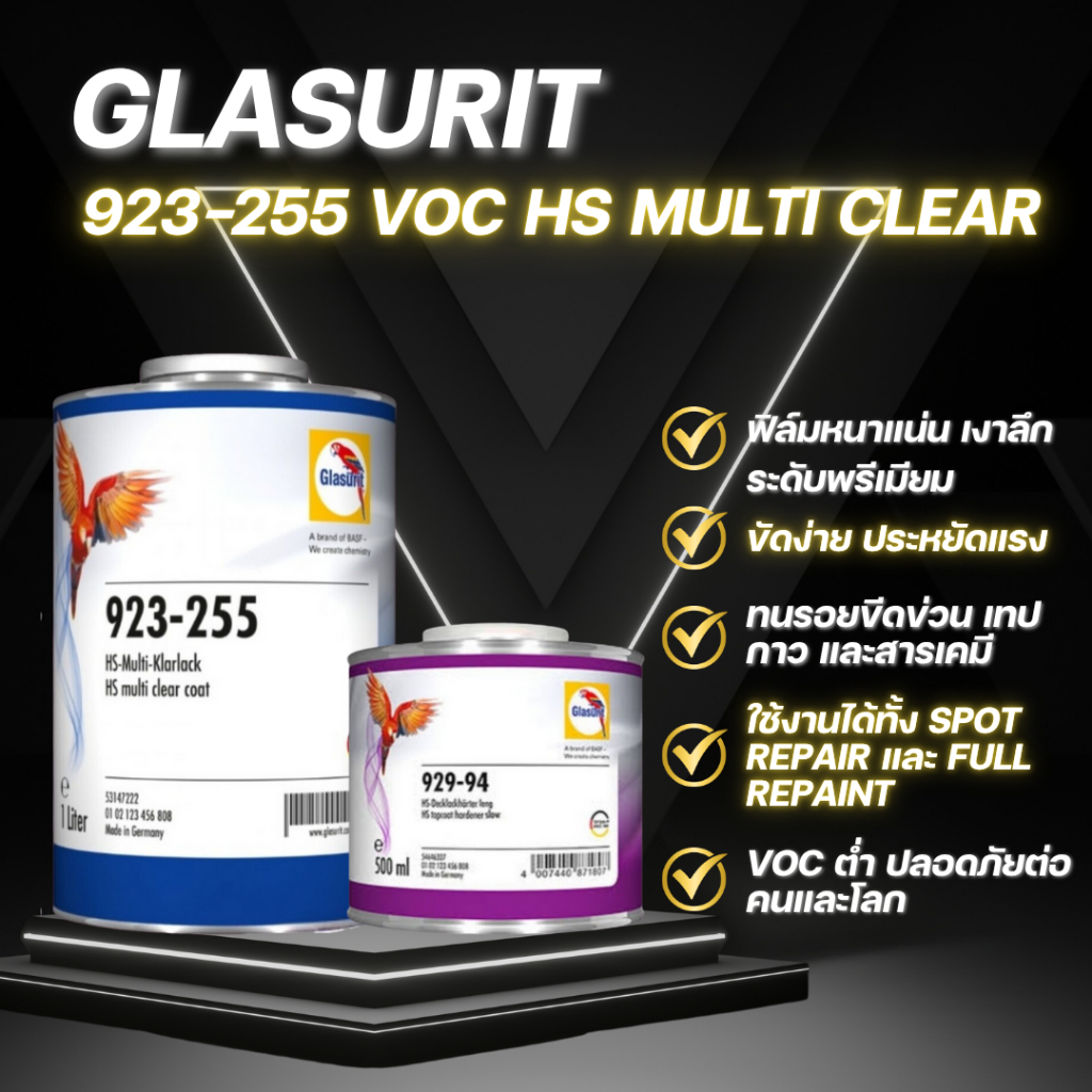 Glasurit 923-255 HS Multi Clear + 929-94 Slow Hardener | เคลียร์ใส 2K สูตรแห้งช้า คุณภาพสูง
