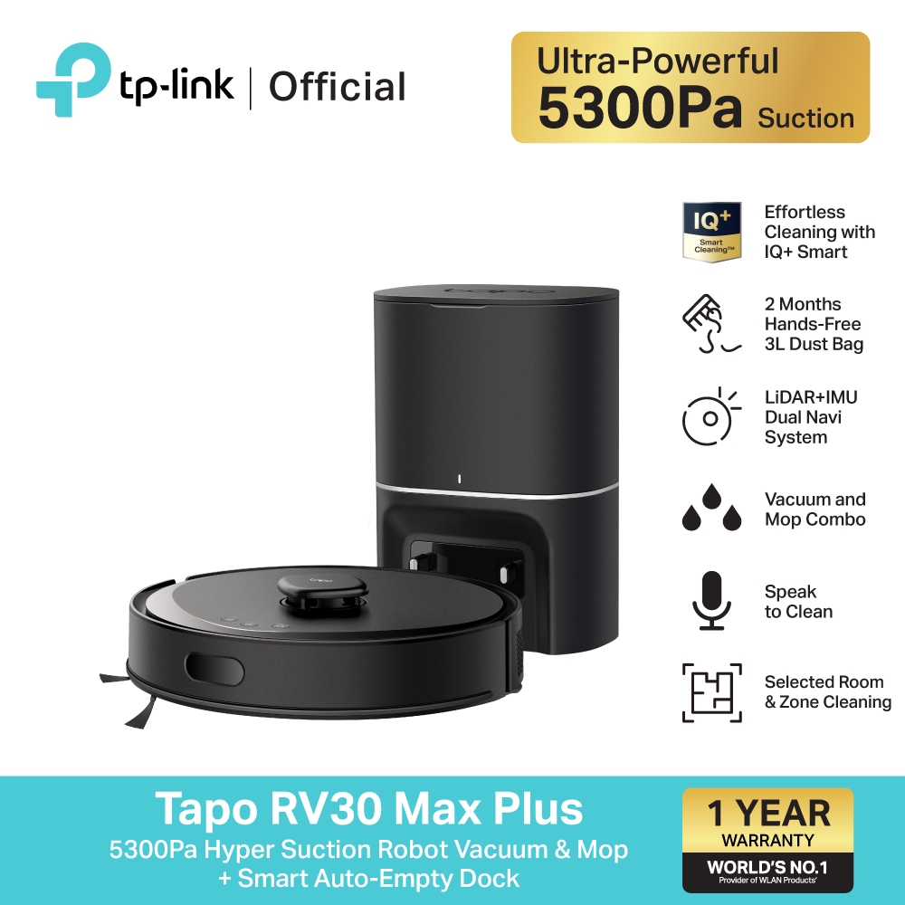 TP-Link Tapo RV30 Max Plus หุ่นยนต์ดูดฝุ่น 5300Pa Hyper Suction Robot Vacuum & Mop + Smart Auto-Empty Dock ประกัน 1 ปี