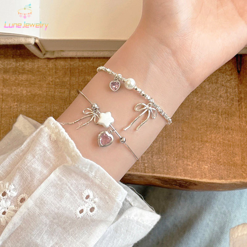 สร้อยข้อมือประดับโบว์ จี้หัวใจ สไตล์เกาหลี ผู้หญิง
