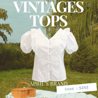 APRIL'S | Vintage Top - S252 เสื้อเชิ้ตวินเทจคอวี แต่งระบายล…