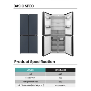 Hisense ตู้เย็น 4 ประตู Cross Door Series 440 ลิตร 15.5 คิว Inverter สีเทา รุ่น ERQ440B