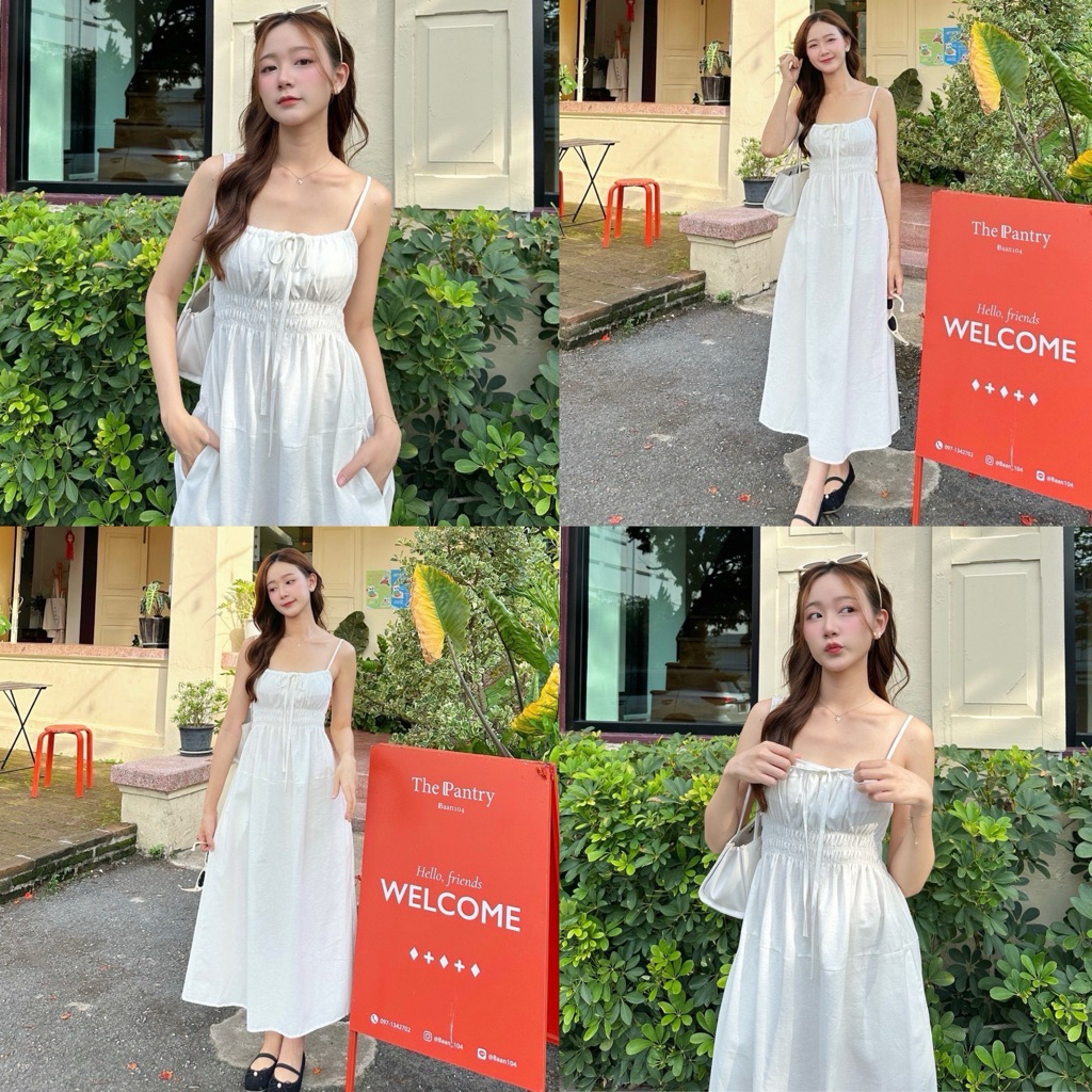 KORRA ·͜·♡เดรสยาวช่วงอกแต่งสม็อค🤍ผ้าลินินผสมฝ้าย✨สายปรับได้มีกระเป๋า✨ใส่ตัวเดียวจบเที่ยวคาเฟ่ภูเขาทะ