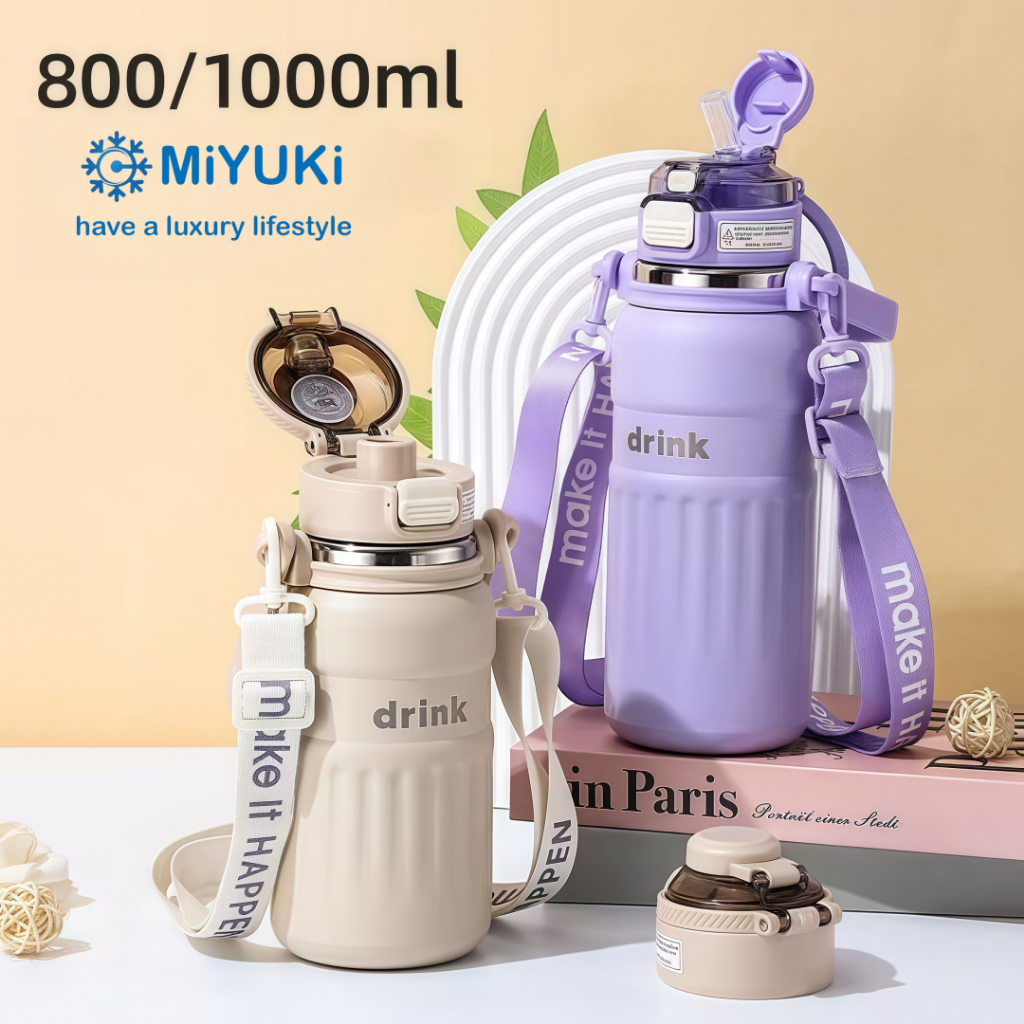 MiYUKi ขวดน้ำพร้อมสายรัด ความจุของถ้วยน้ำ800/1000ml มีฟางและเสื่อยาง มีให้เลือก4สี จัดส่งจากกรุงเทพฯ