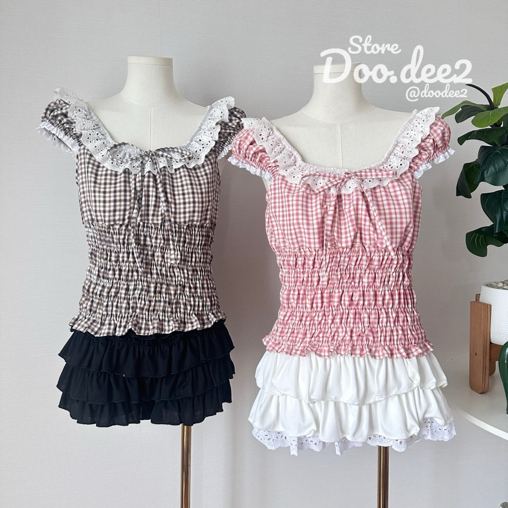 ♦️DOODEE2♦️เสื้อแขนตุ๊กตา สม็อกรอบเอว แต่งติดลูกไม้ ผ้าลายสต็อก