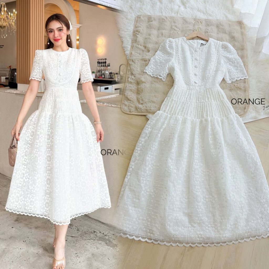 ครบไซซ์ S-5XL❗เดรสลูกไม้ขาวสวยสง่า Maxi Dress เดรสสาวอวบ,เดรสสีขาวผ้าลูุกไม้แขนสั้นแต่งกระดุมหน้า งานป้าย Orange Juice