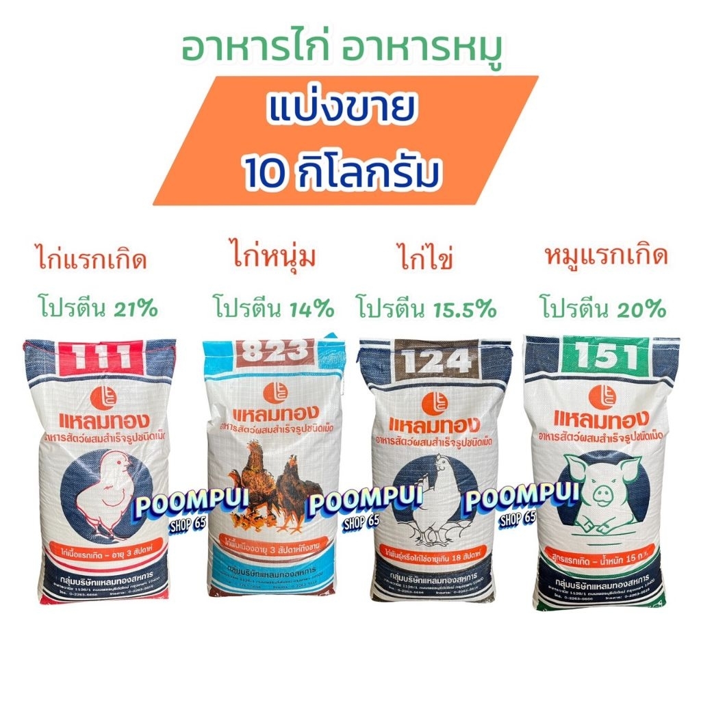 อาหารไก่แรกเกิด ไก่หนุ่ม ไก่ไข่ และหมูแรกเกิด แบ่งขายถุงละ 10 กิโลกรัม